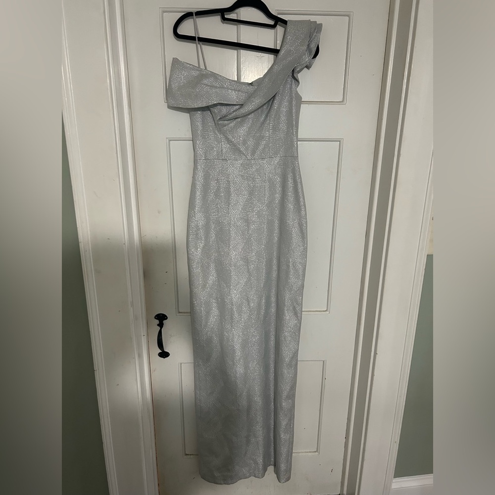 Teri Jon Silver Off-Shoulder Mother of the Bride Wedding Dress